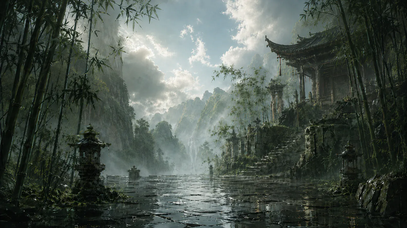 雨中古寺场景